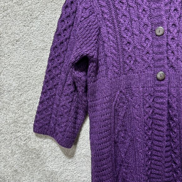 Kilronan Knitwear 100% Pure New Wool Cardigan Large Purple Chunky Knit Sweater - Picture 3 of 10